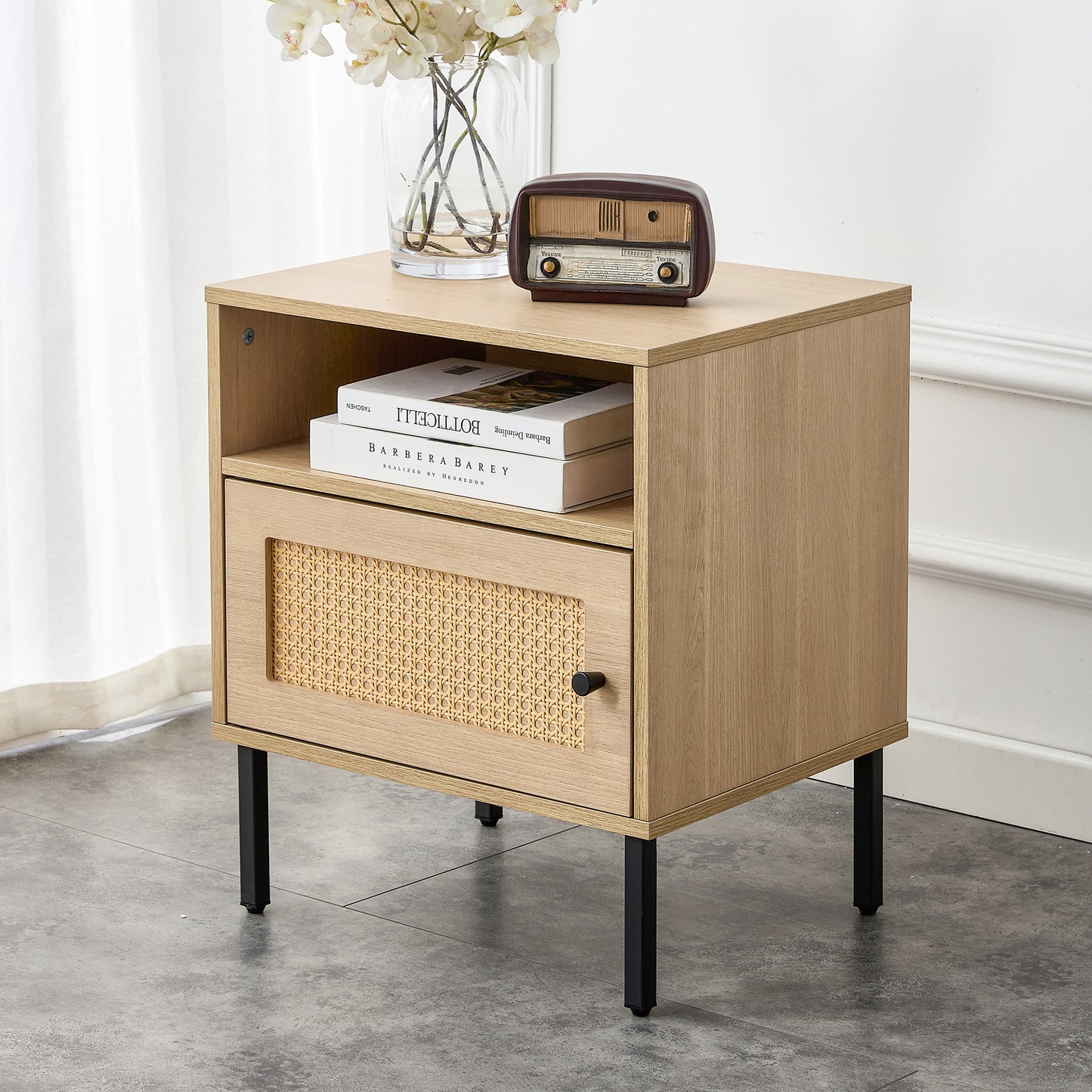 Modern simple storage cabinet MDF Board bedside cabinet Japanese rattan bedside cabinet Small household furniture bedside table.Applicable to dressing table in bedroom, porch, living room.2 Drawers