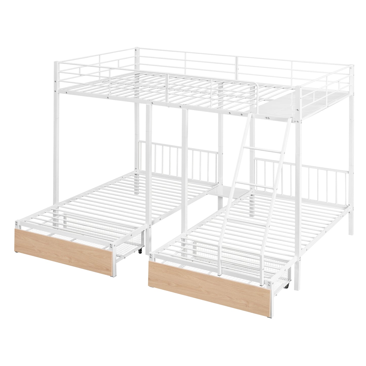 Triple Bunk Bed with Storage Drawers and Guardrails, Full Bed Over Twin & Twin