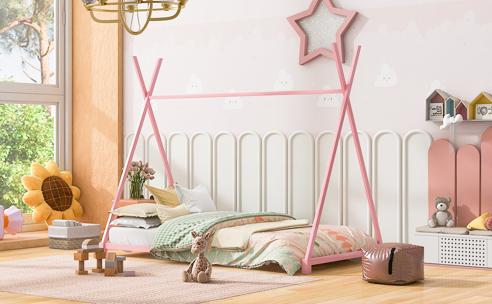 Metal Twin Size House Platform Bed with Triangle Structure, Pink