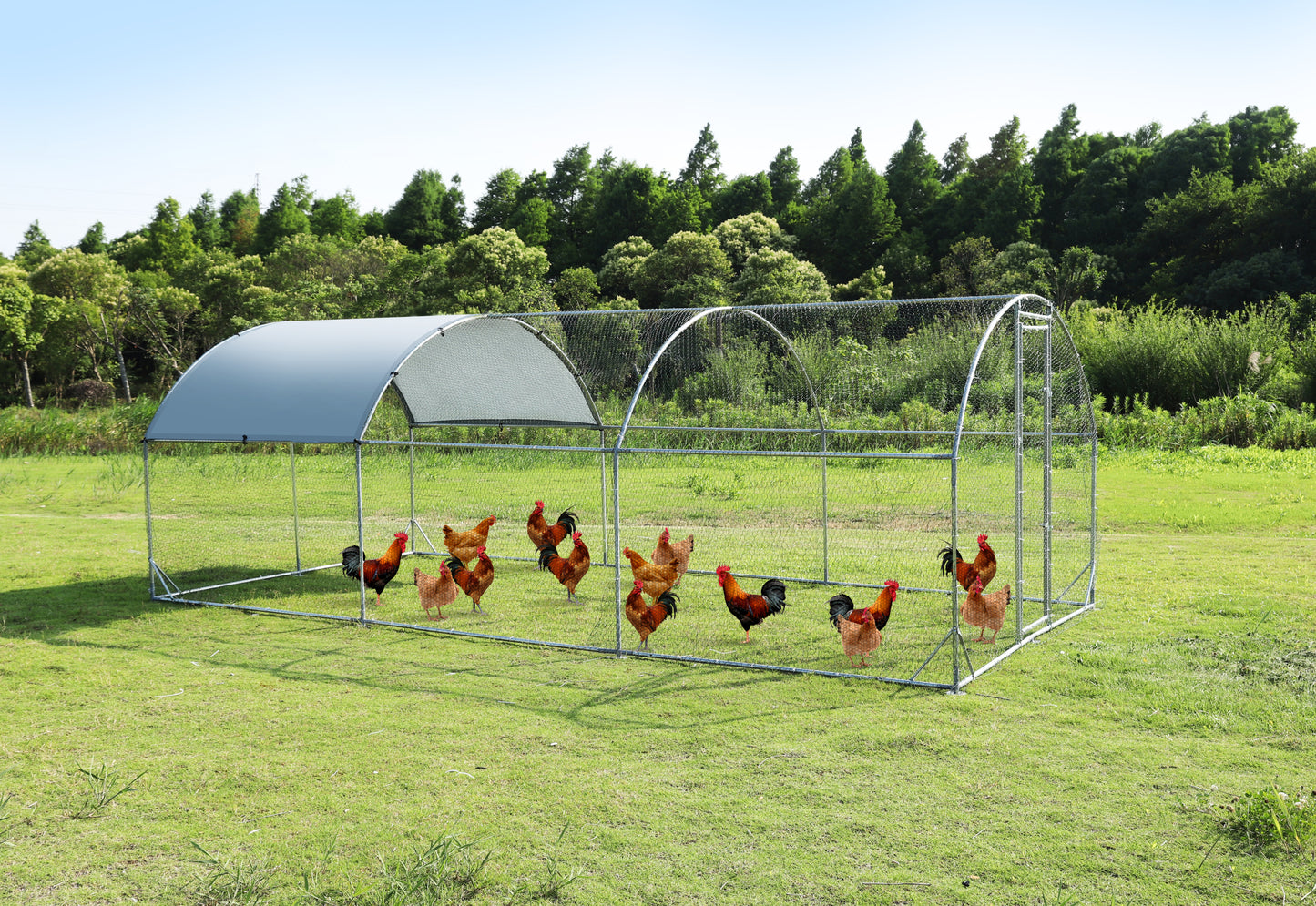 Large metal chicken coop upgrade three support steel wire impregnated plastic net cage, Oxford cloth silver plated waterproof UV protection, duck rabbit sheep bird outdoor house 9.2'W x 18.7'L x 6.5'H