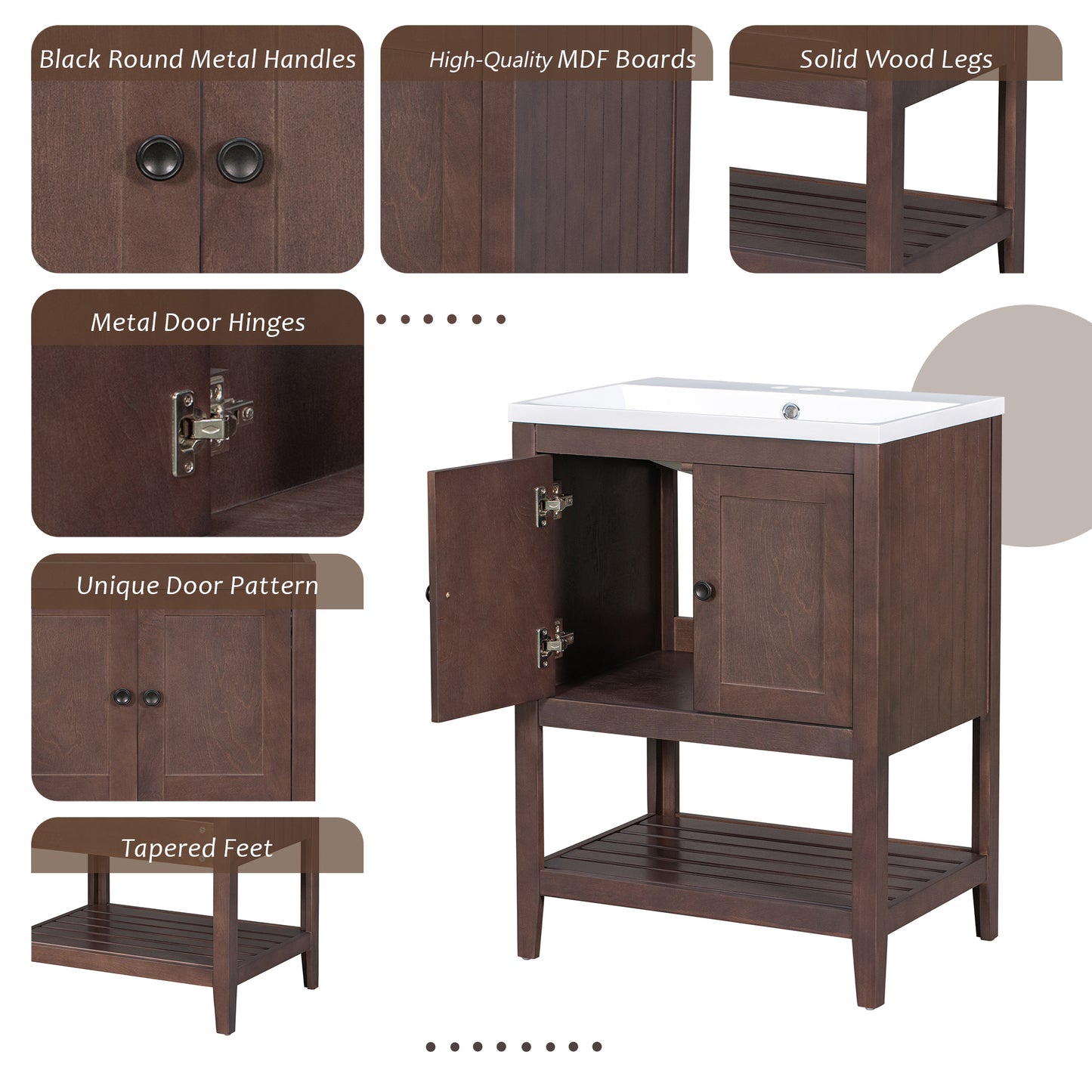 24" Brown Modern Sleek Bathroom Vanity Elegant Ceramic Sink with Solid Wood Frame Open Style Shelf