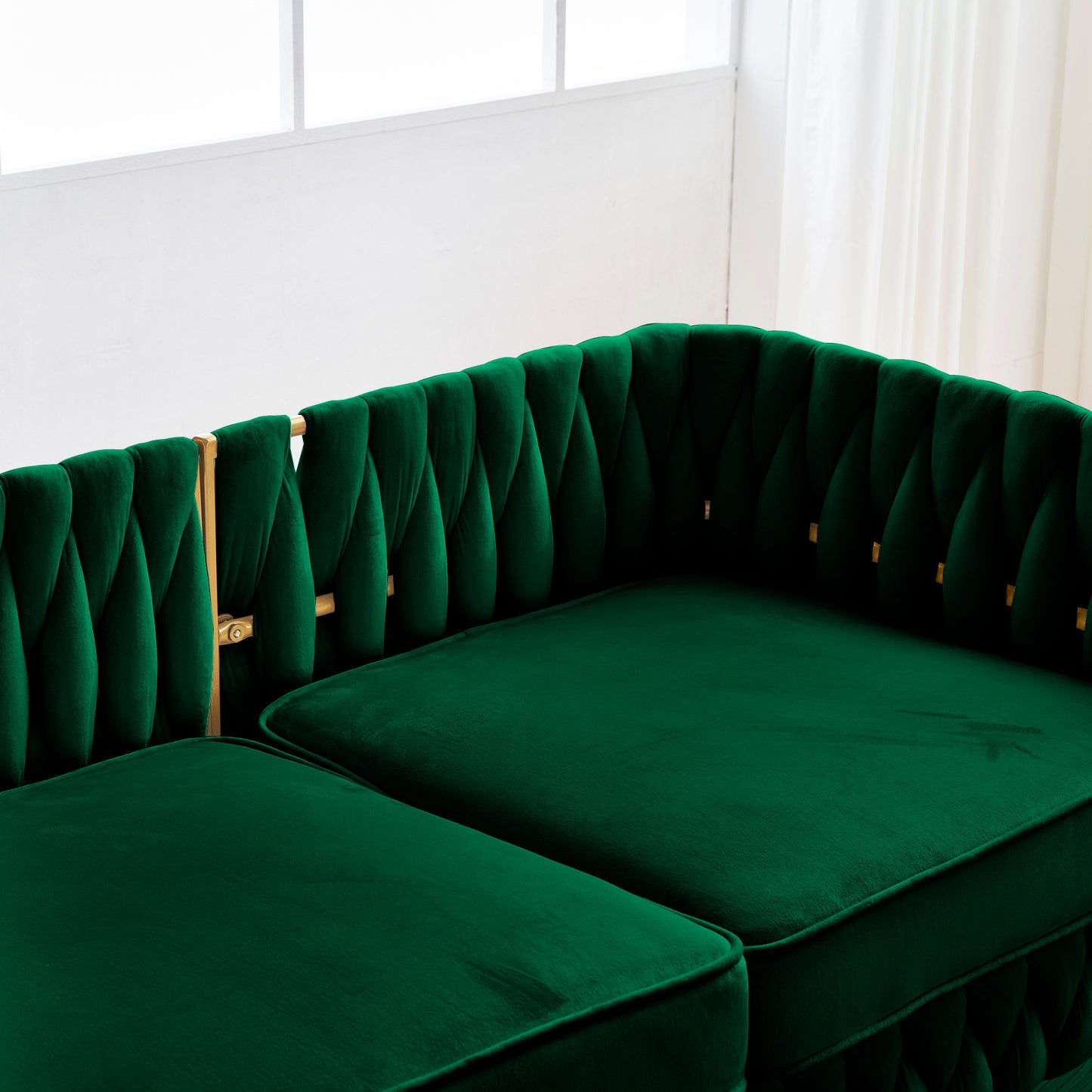 Elegant Green Velvet Living Room Set with Handwoven Tufted Back and Arms