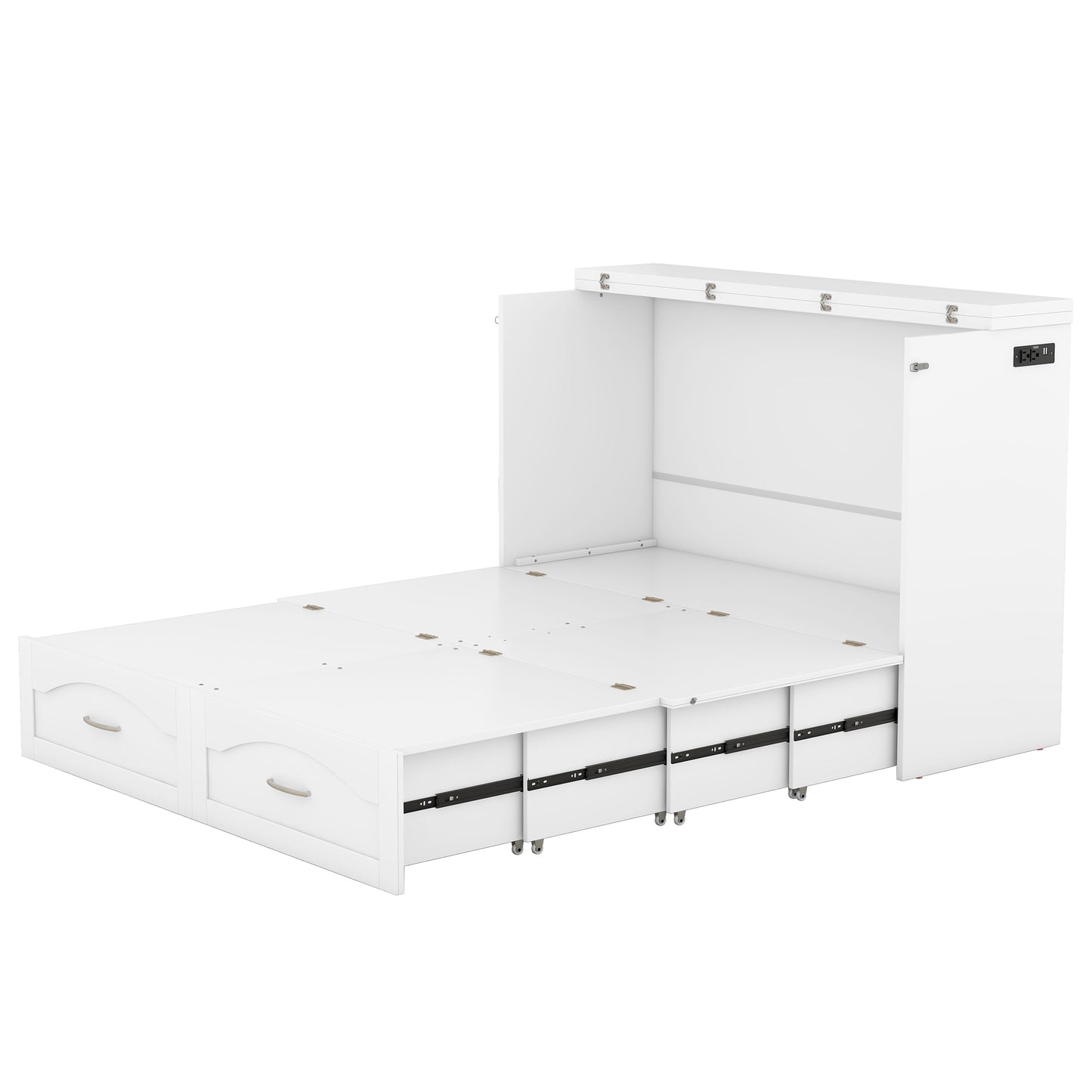 Full Size Murphy Bed Wall Bed with drawer and a set of Sockets & USB Ports, Pulley Structure Design, White