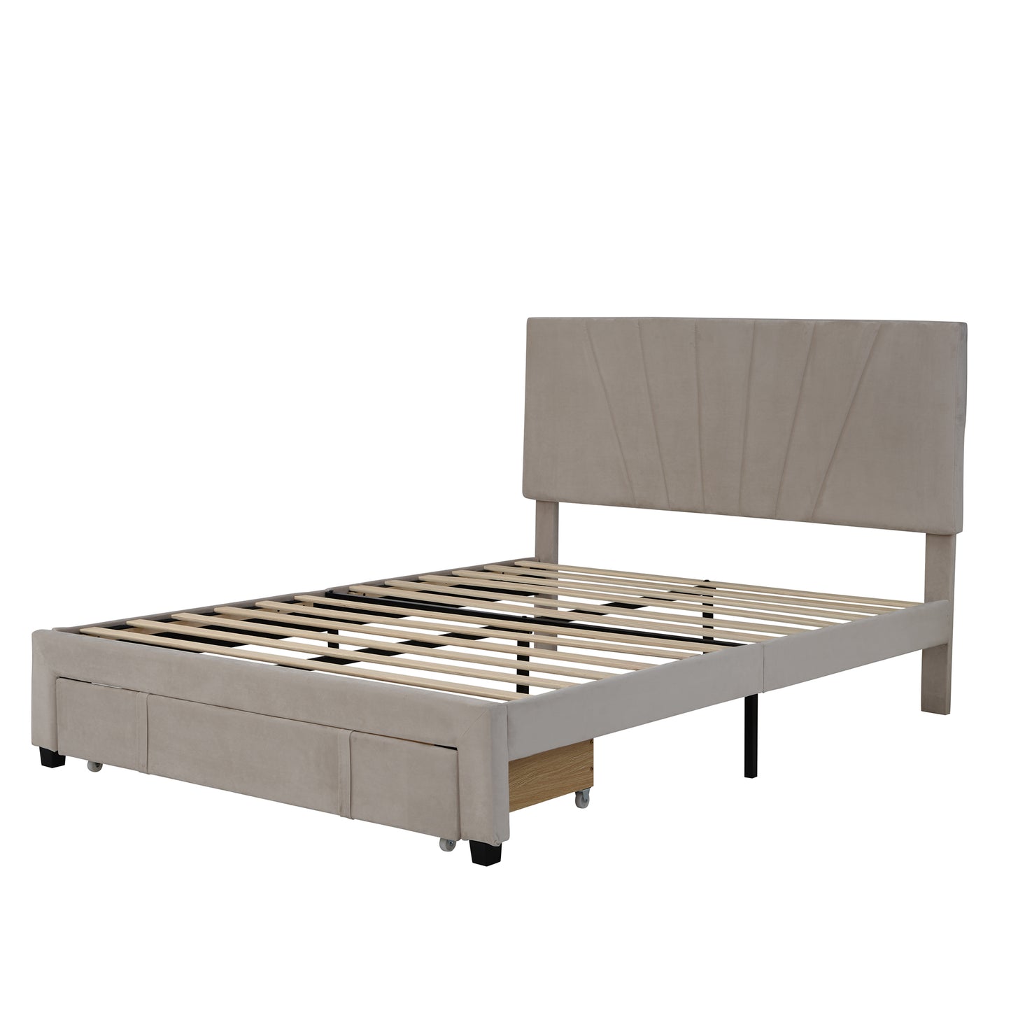 Queen Size Storage Bed Velvet Upholstered Platform Bed with a Big Drawer - Beige