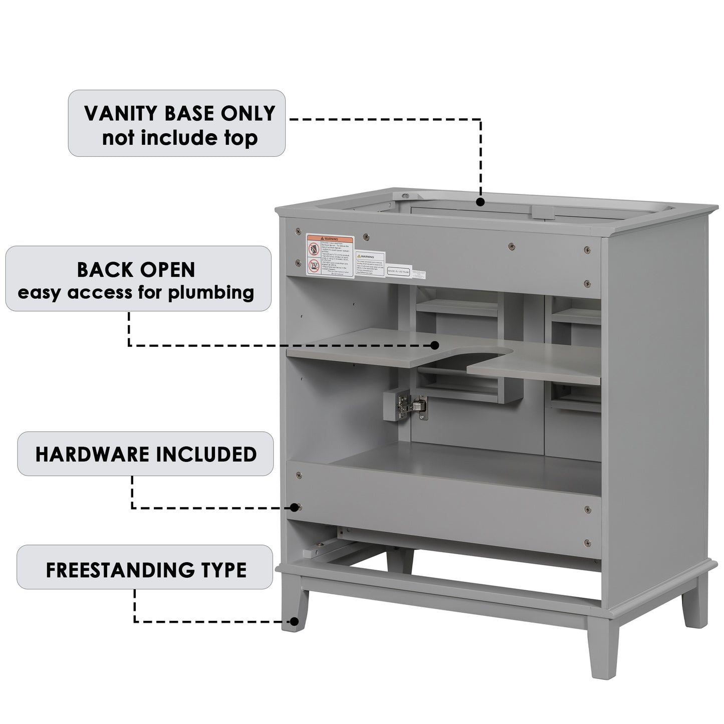 30" Bathroom Vanity without Sink, Base Only, Multi-functional Bathroom Cabinet with Doors and Drawer, Solid Frame and MDF Board, Grey