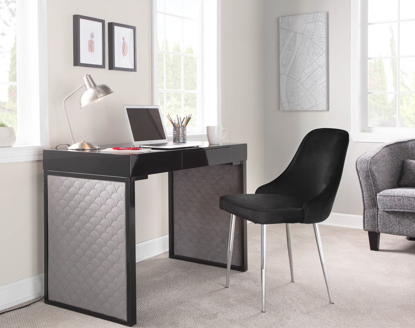 Sleek Modern Black Steel and Silver Velvet Desk