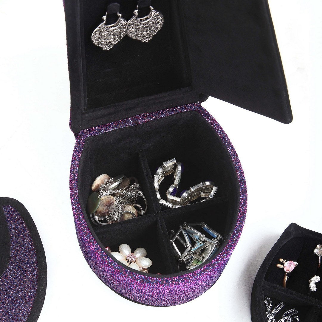 9" Tall Display Jewelry Box with Hidden Storage, High Heel Shoe Design, Purple Velvet