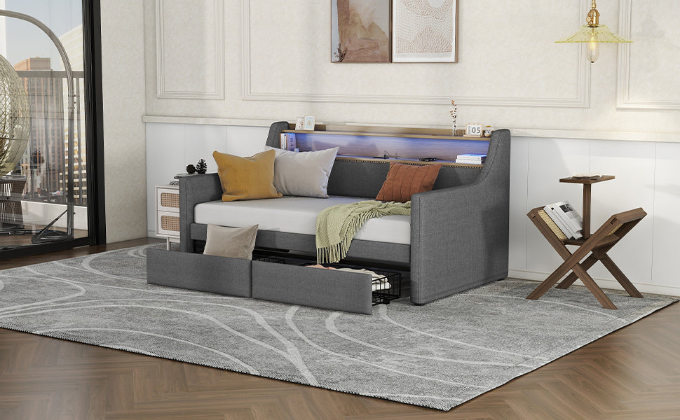 Twin Size Daybed with Storage Drawers, Upholstered Daybed with Charging Station and LED Lights, Gray (Expect arrive date: Jan 18th, 2024)