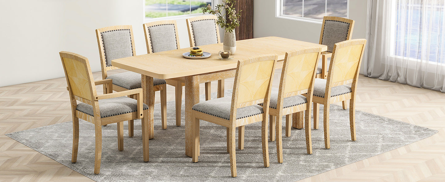 Rustic Extendable 84inch Dining Table Set with 24inch Removable Leaf , 6 Upholstered Armless Dining Chairs and 2 Padded Arm Chairs, 9 Pieces, Natural