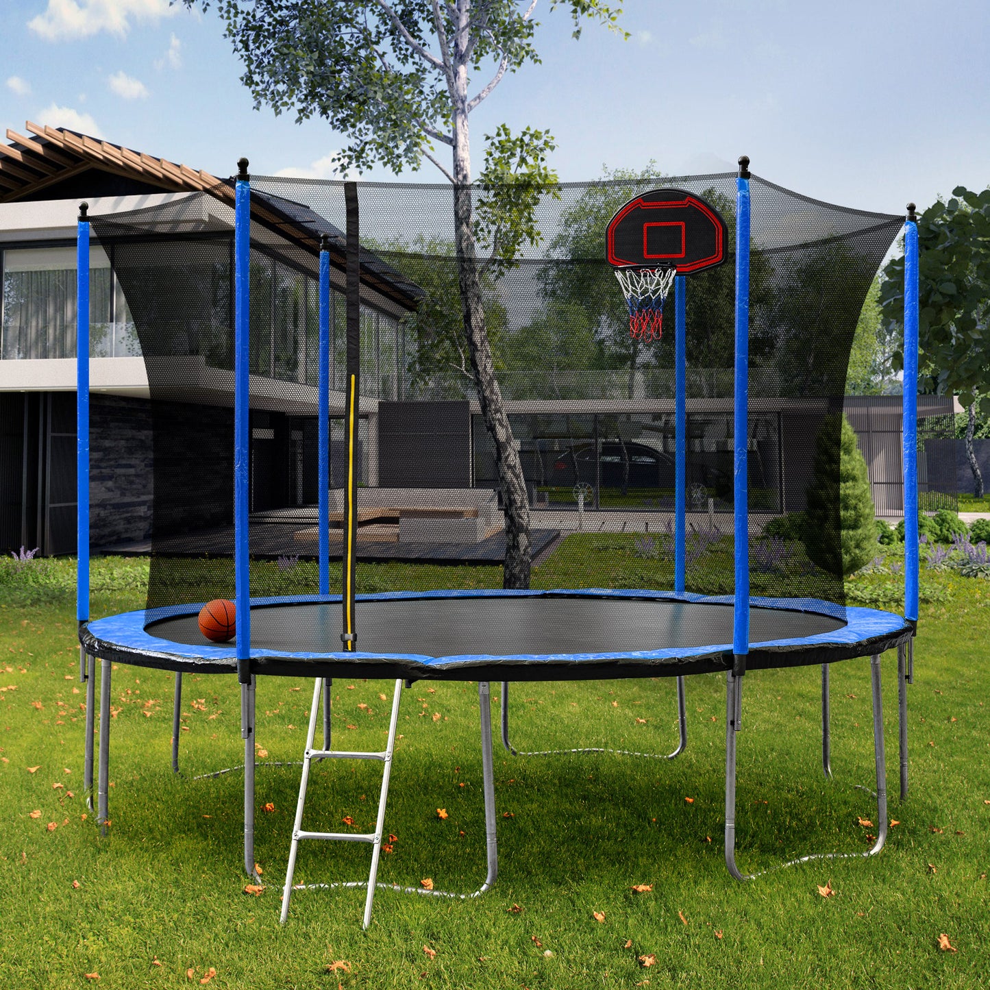 15FT Trampoline with Basketball Hoop Inflator and Ladder(Inner Safety Enclosure) Blue