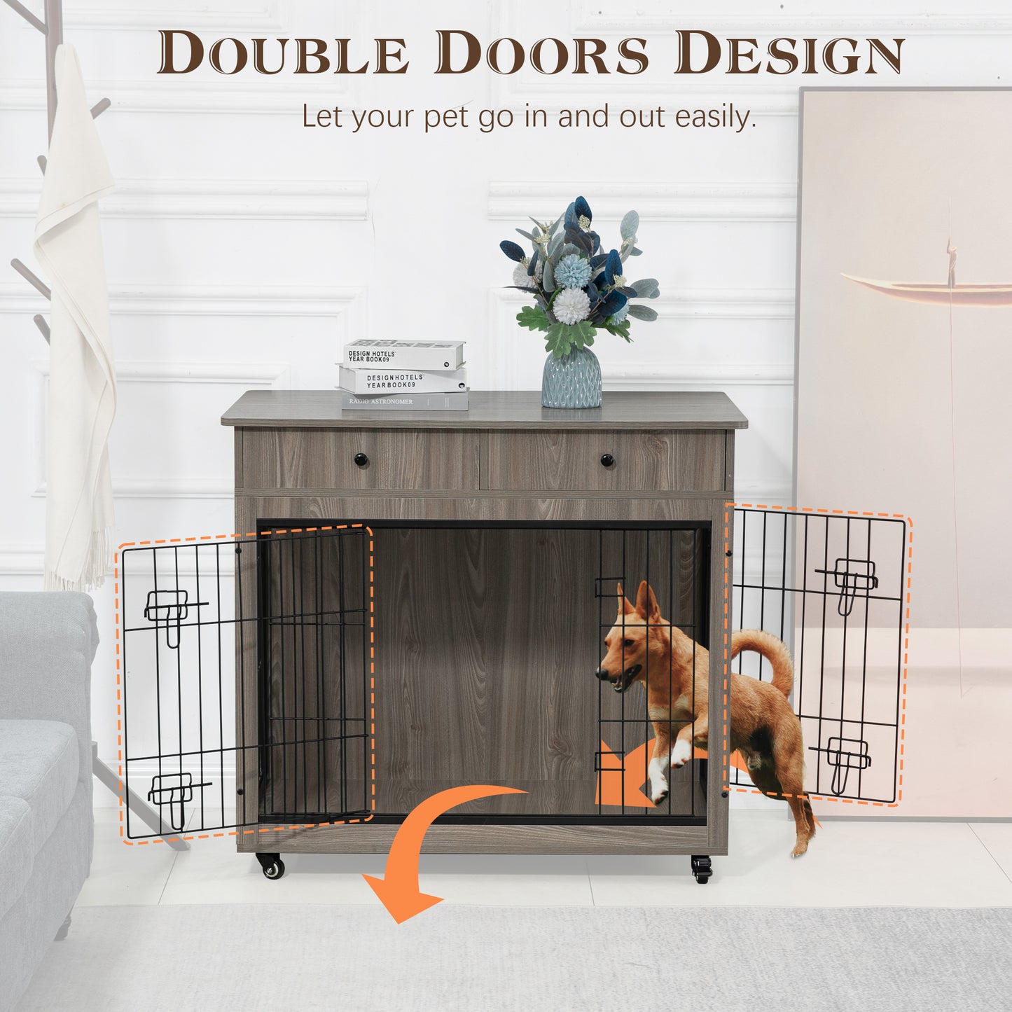 Dog Crate Furniture, Wooden Dog House, Decorative Dog Kennel with Drawer, Indoor Pet Crate End Table for Small Dog, Steel-Tube Dog Cage, Chew-Proof, Grey 31.7" L×23.2" W×33" H