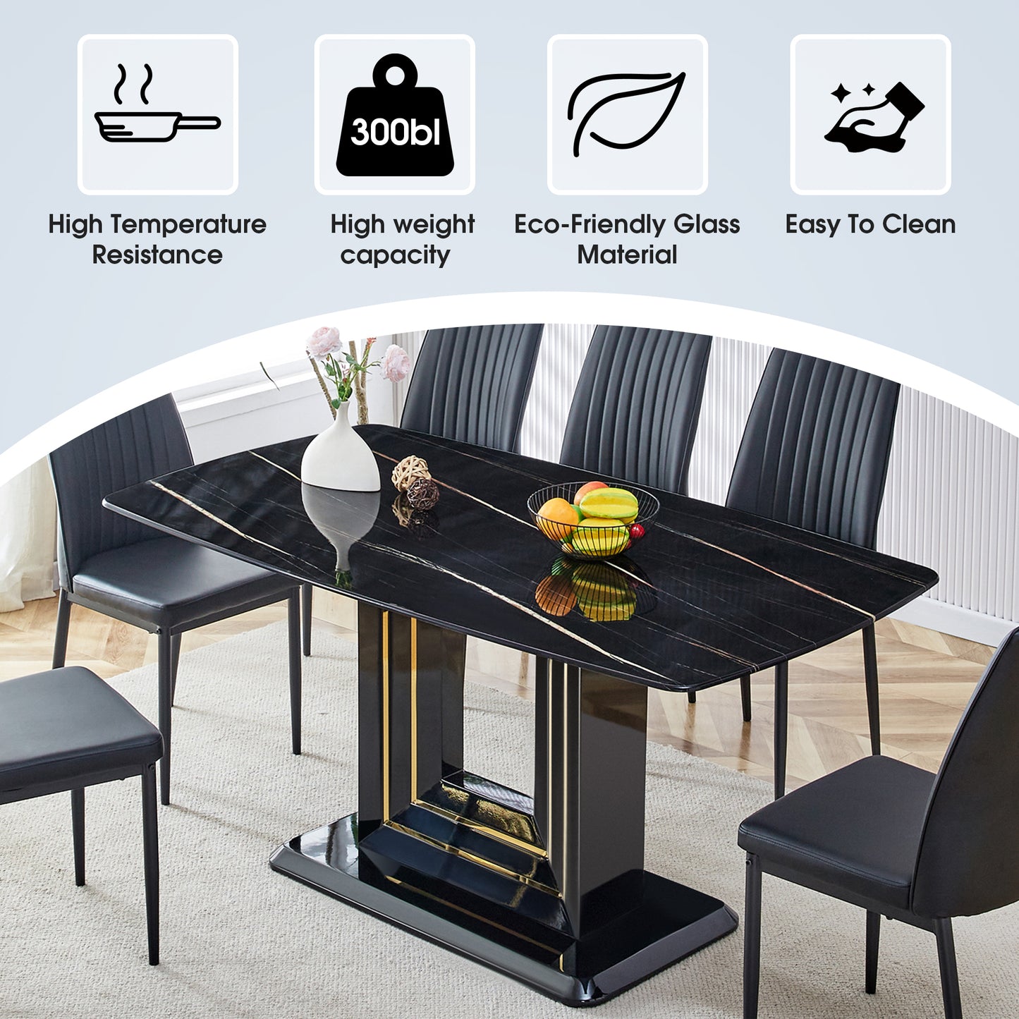 7-Piece Faux Marble Dining Table Set, Glass Rectangular Kitchen Table for 6-8, Modern Black Faux Marble Dining Room Table with MDF Base, Dining Table & 6 Chairs