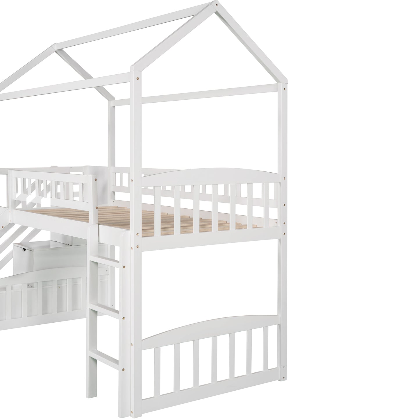 Twin Loft Bed with Two Drawers and Slide, House Bed with Slide, White