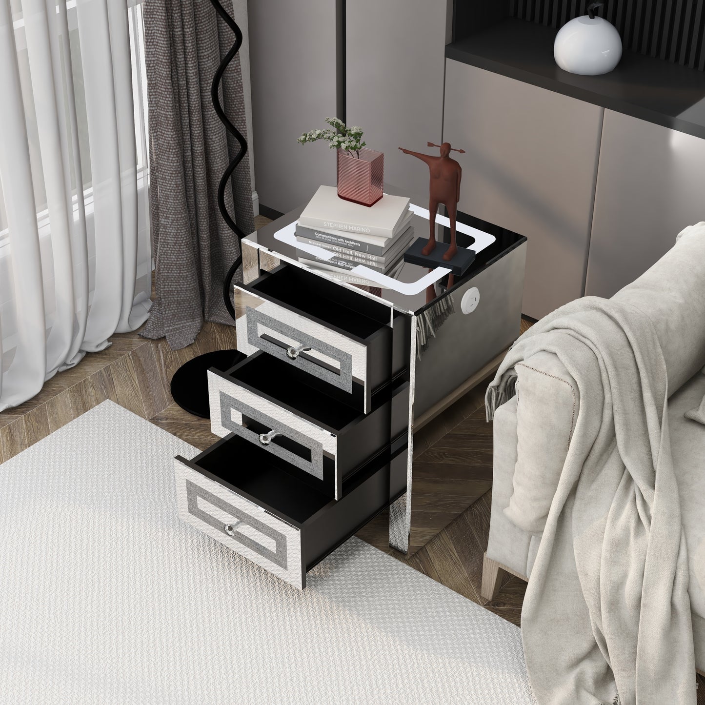 Silver glass nightstand for living room, bedside table with wireless charging and charging ports