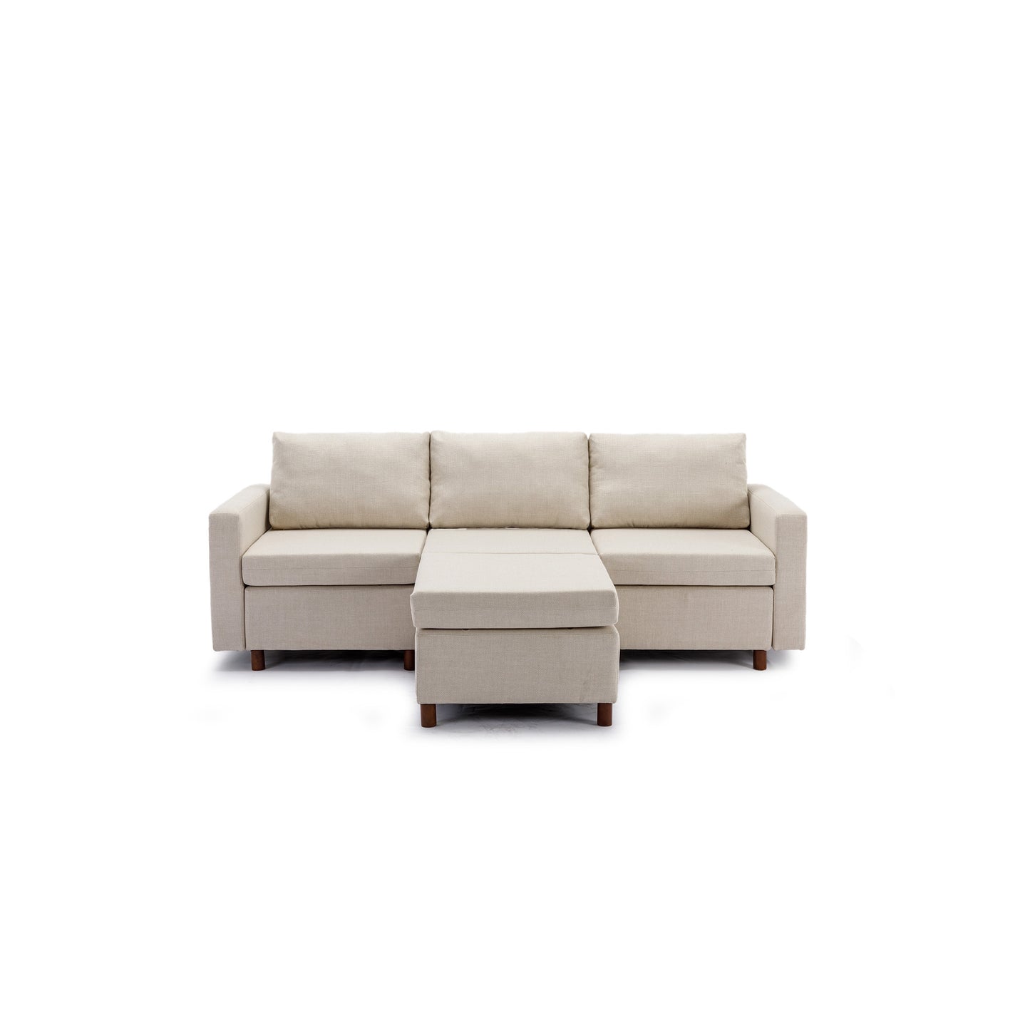 Cream 3-Seat Sectional Sofa Couch with Ottoman, High Quality Linen Cover, Sturdy Wood Frame