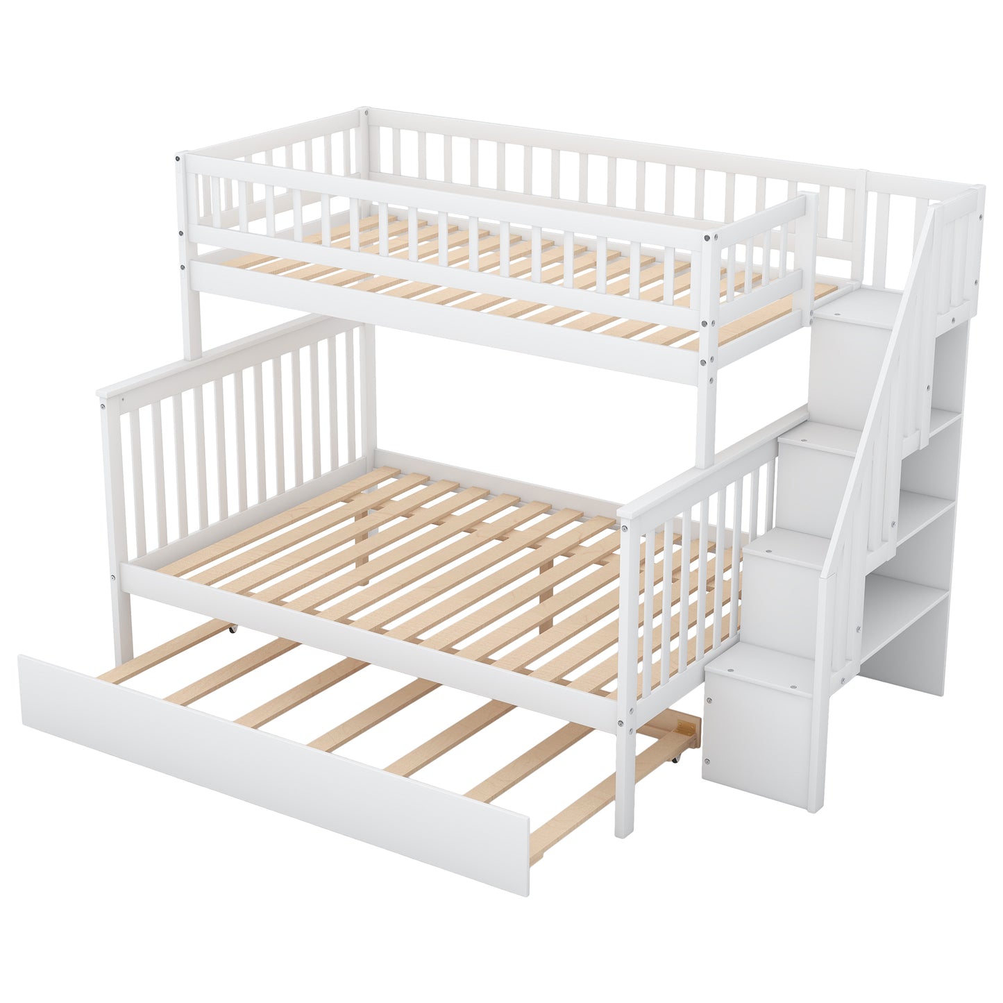 White Twin over Full Bunk Bed with Trundle and Staircase for Shared Sleeping Spaces