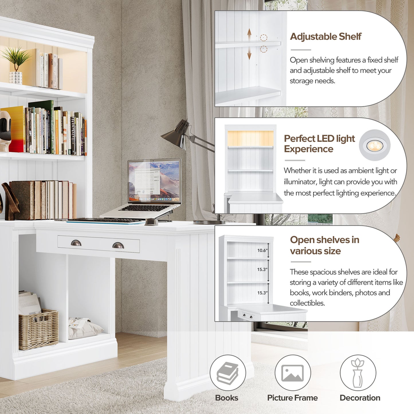 83.4 Tall 2-Piece White Bookshelf & Writing Desk Set with LED Lighting, Storage Drawers, and Doors