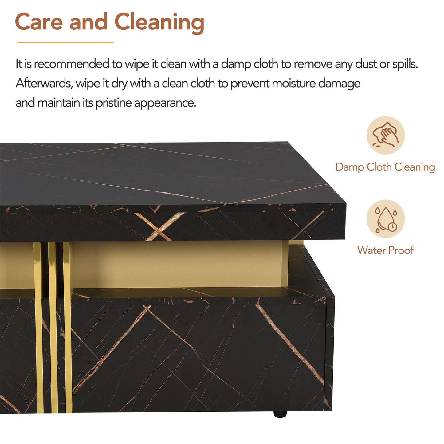 Contemporary Square Black Coffee Table with Gold Accents and Storage Drawers