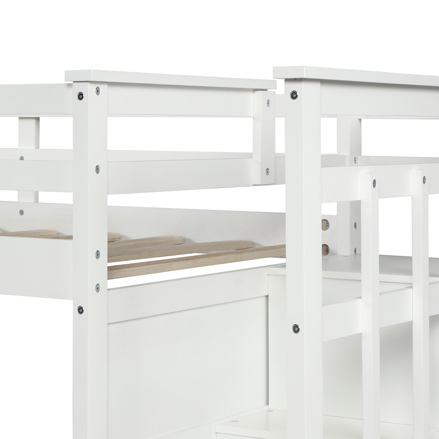 White Solid Wood Twin Bunk Bed with Trundle and Staircase