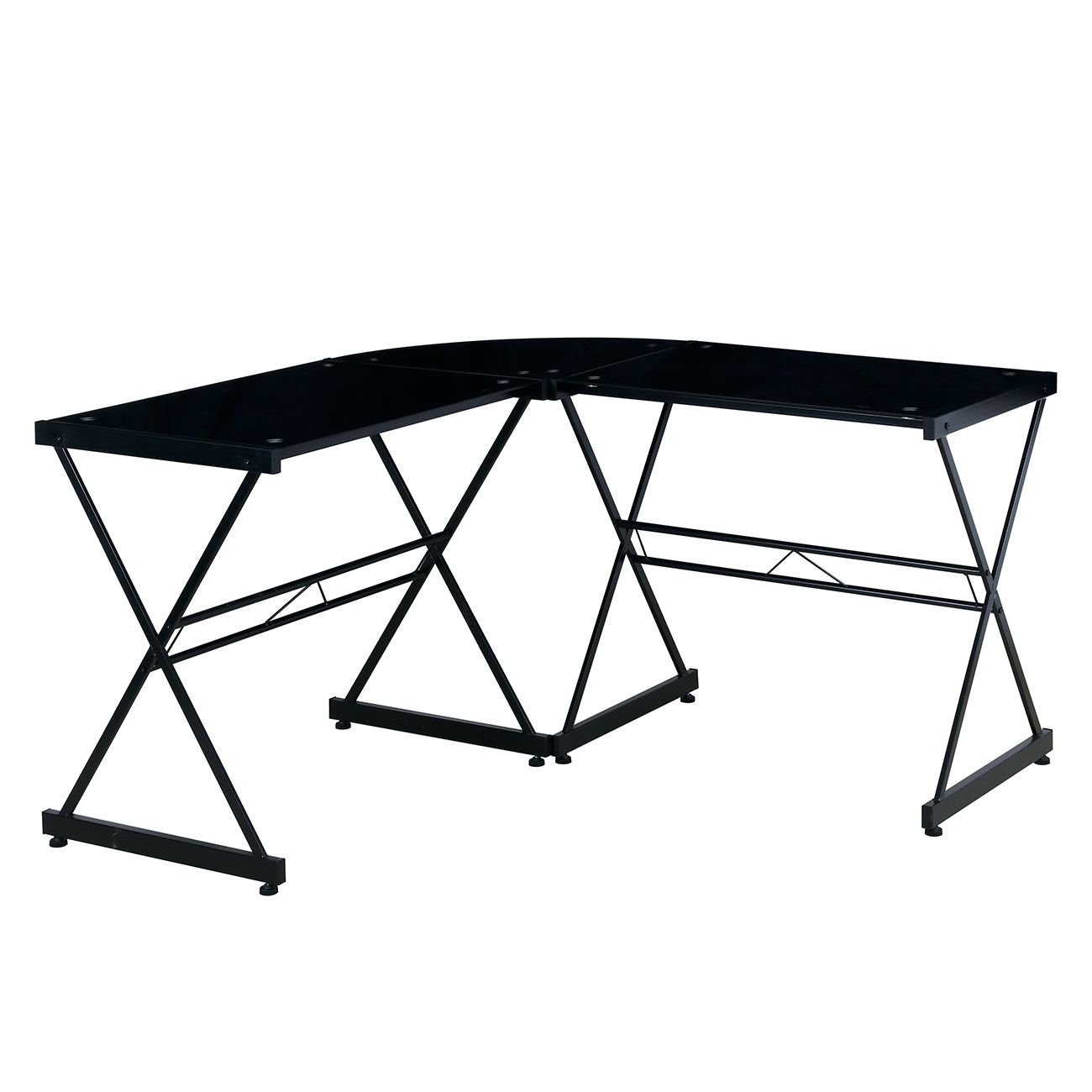 Sleek Black L-Shaped Glass Desk with Cross Frame Design