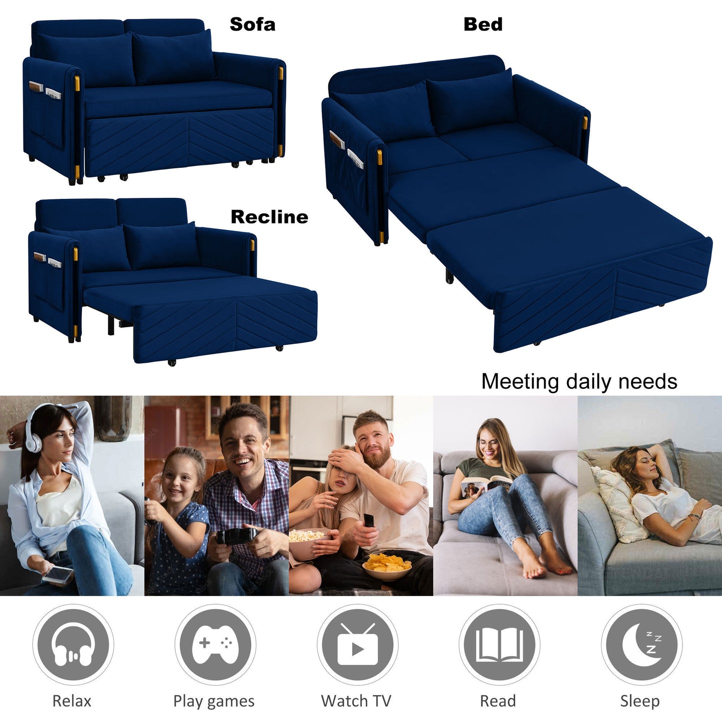 MH 54" Modern Convertible Sofa Bed with 2 Detachable Arm Pockets, Velvet Loveseat Multi-position adjustable Sofa with Pull Out Bed with Bedhead, 2 Pillows and Living Room, Blue