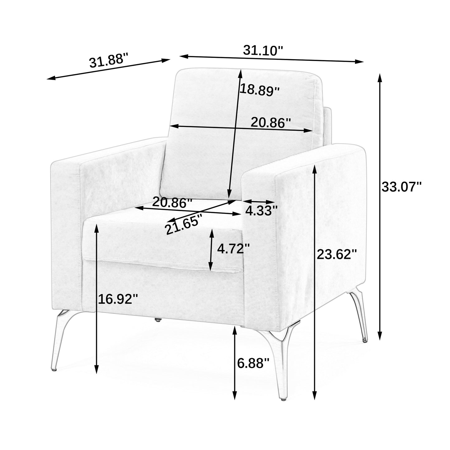 Sofa Chair,with Square Arms and Tight Back ,Corduroy Beige