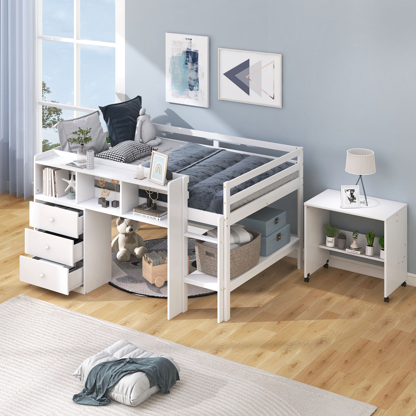 Full Size Low Loft Bed with Rolling Portable Desk, Drawers and Shelves, White(: GX000711AAK)