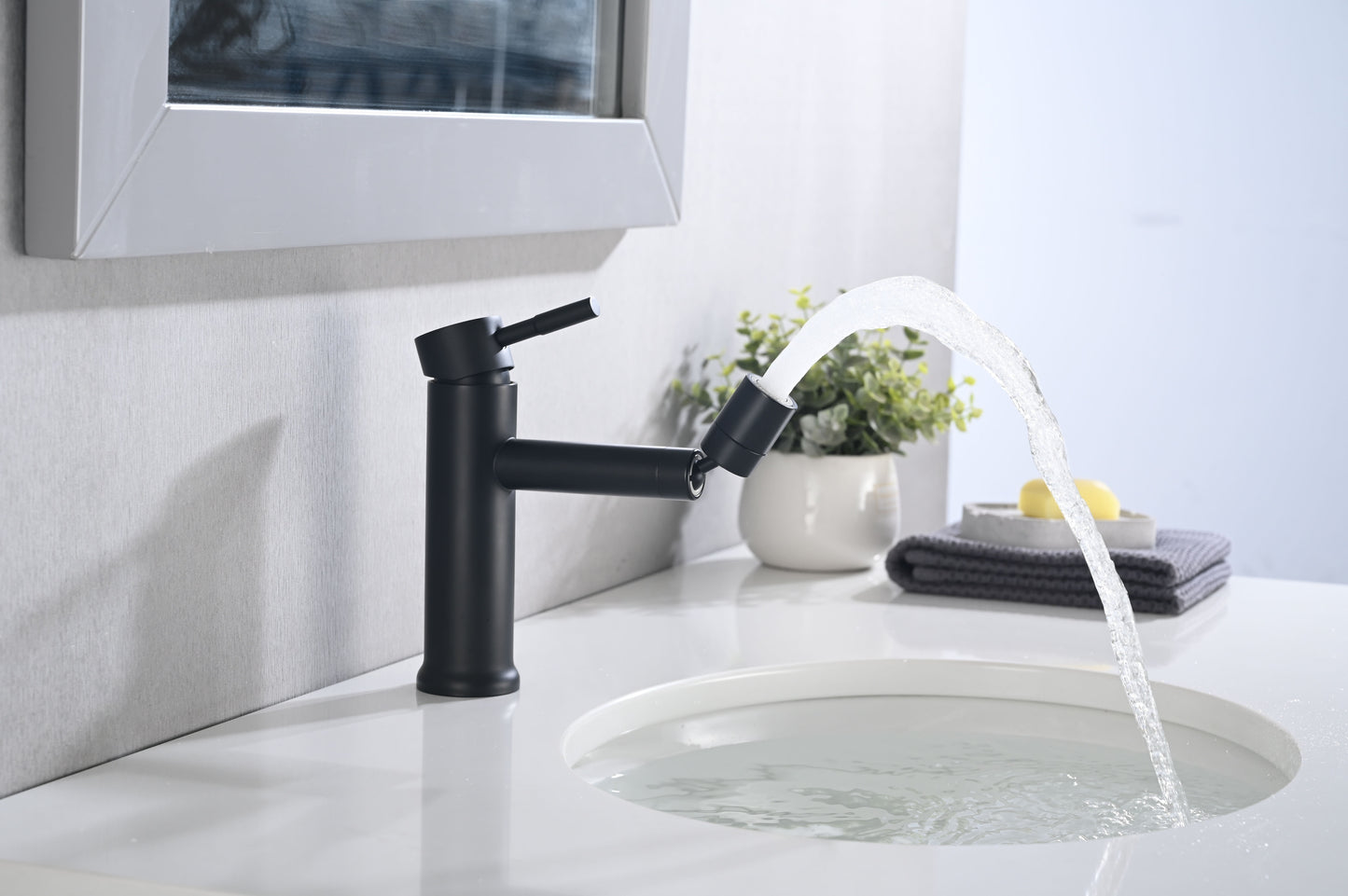 Modern Matte Black Bathroom Faucet with 360° Rotating Aerator for Enhanced Sink Functionality