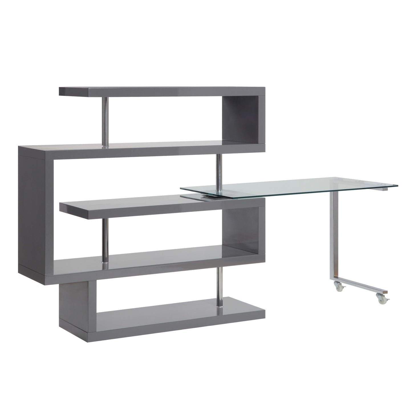 Versatile Glass Writing Desk with Swiveling Shelf and Gray Finish for Small Spaces