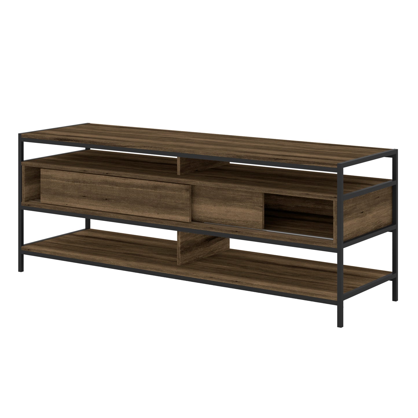 58 Inch Modern Wood and Metal TV Stand with 2 Drawers, Brown and Black