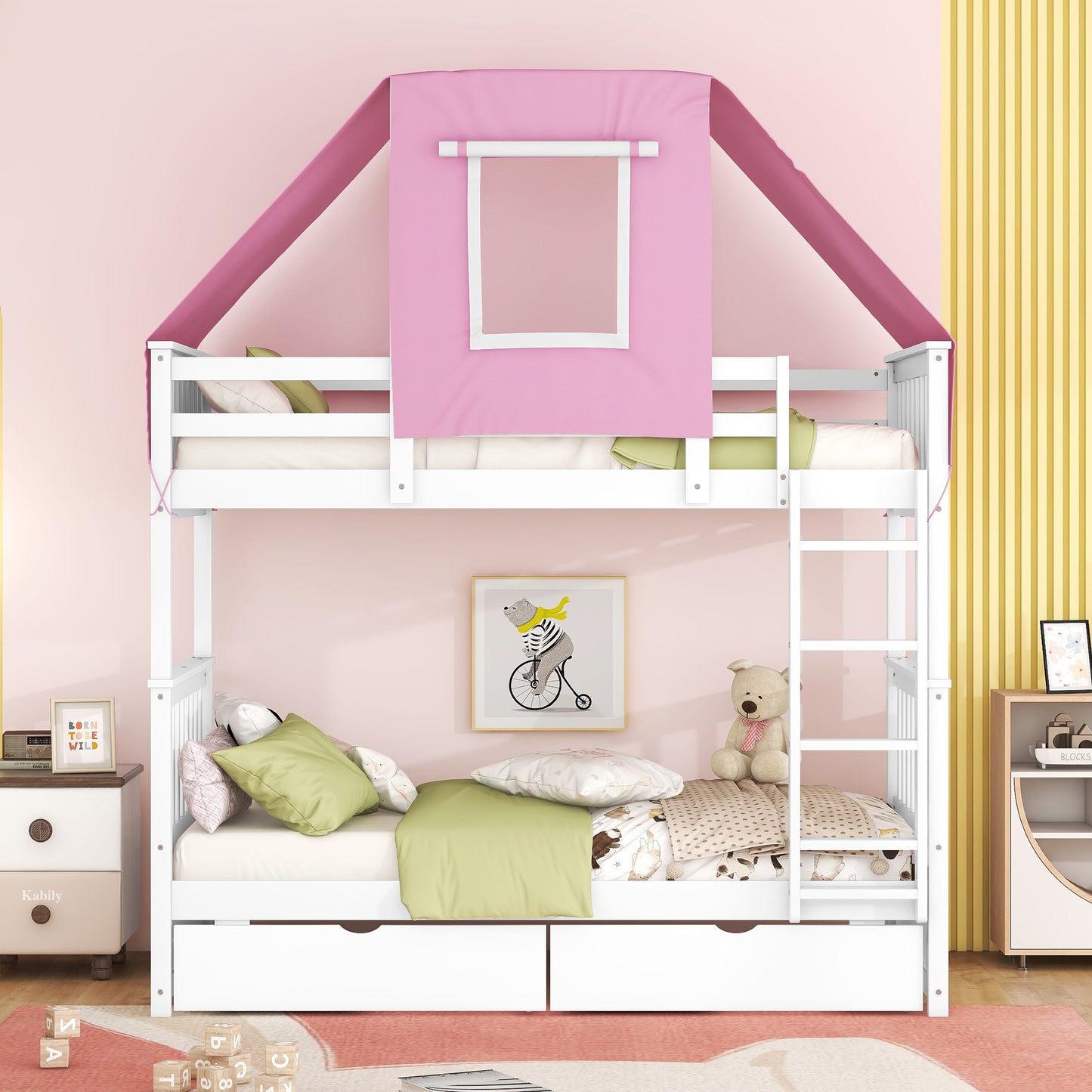 White and Pink Spacious Twin Bunk Bed with Playful Tent and Storage