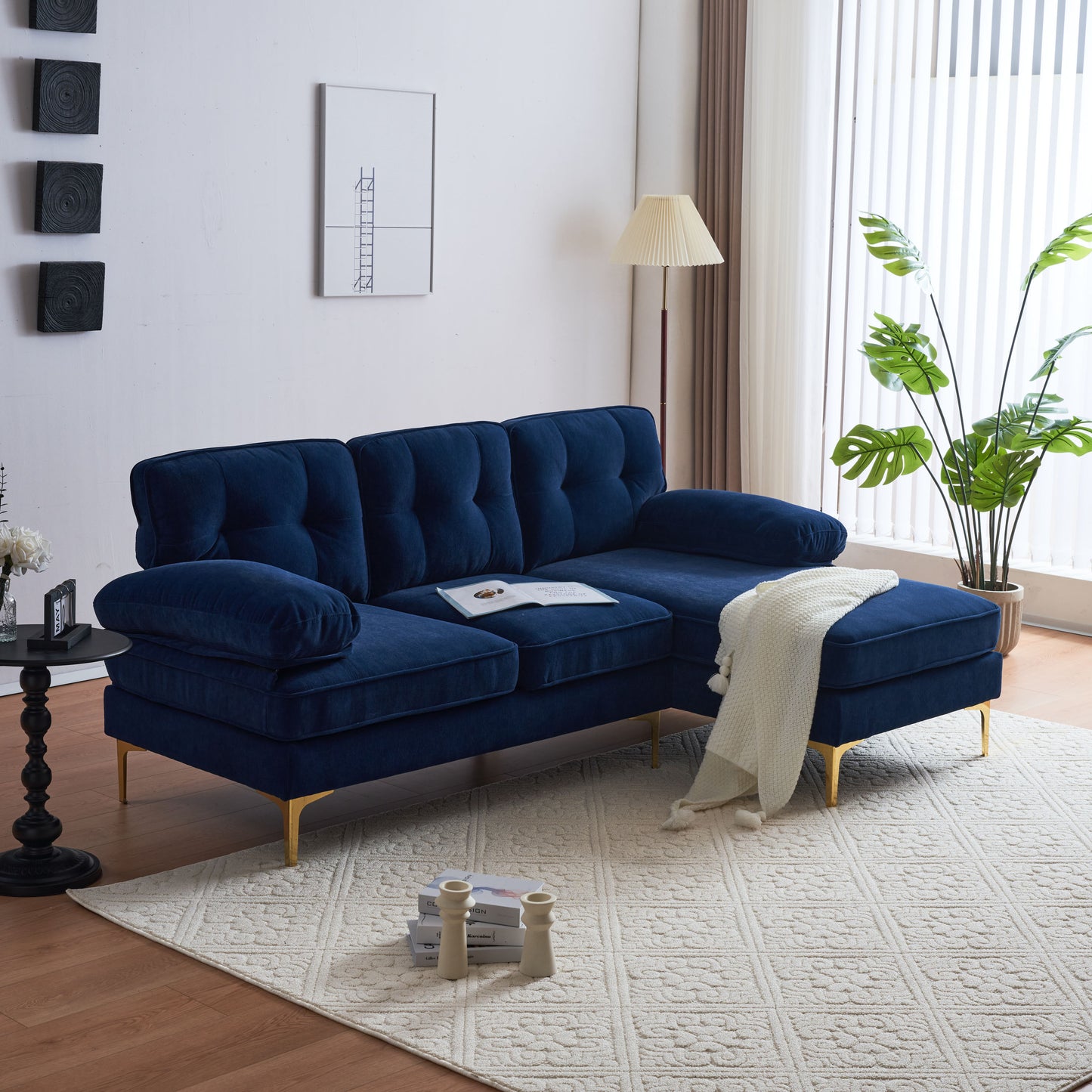 83 Blue Velvet L-Shaped Sectional Sofa with Mid-Century Modern Vibes