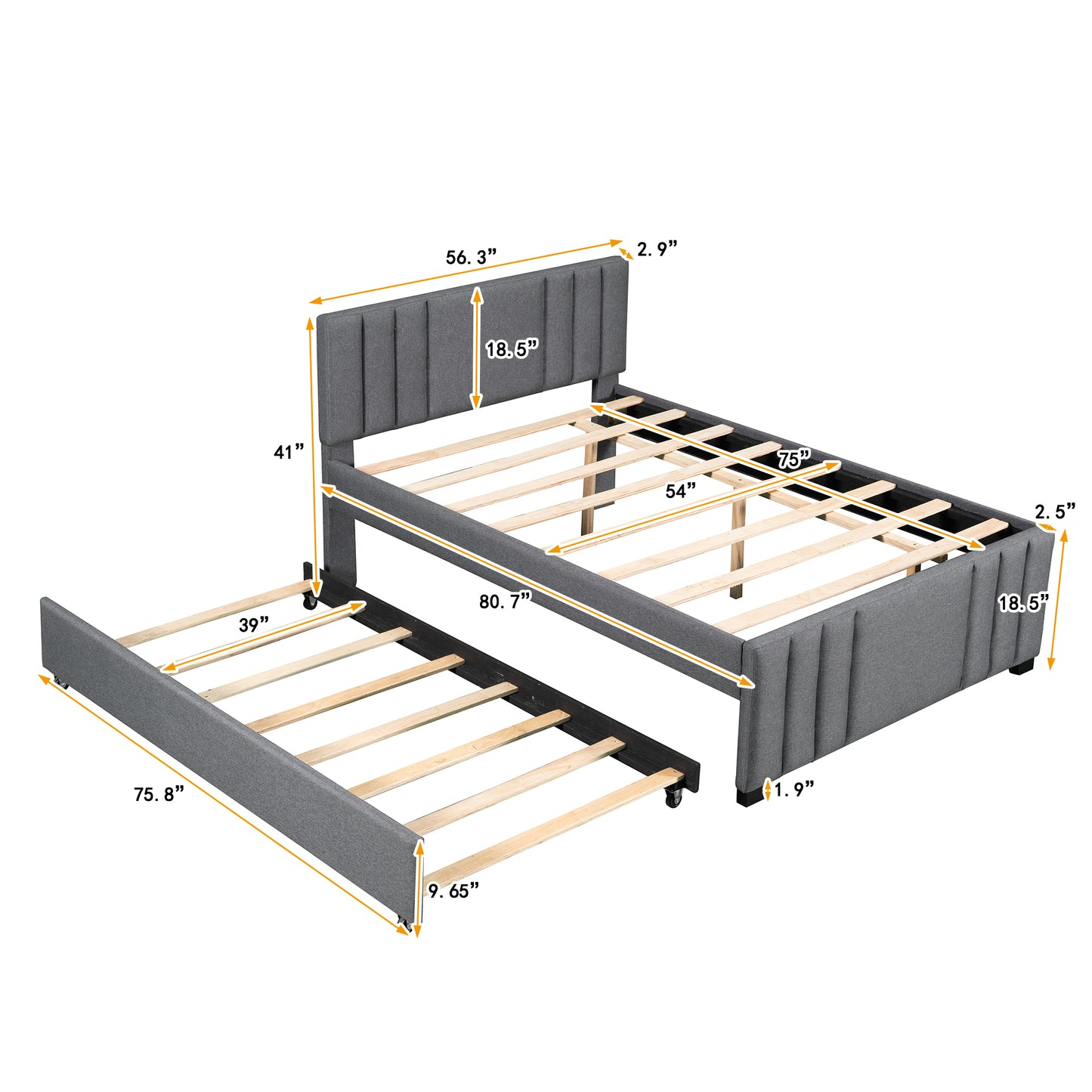 Full Upholstered Platform Bed with Trundle,Grey