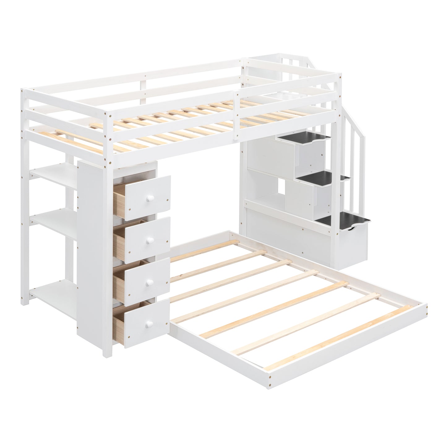 White Twin Over Full Bunk Bed with Storage Stairs & Drawers for Space-Saving Solution