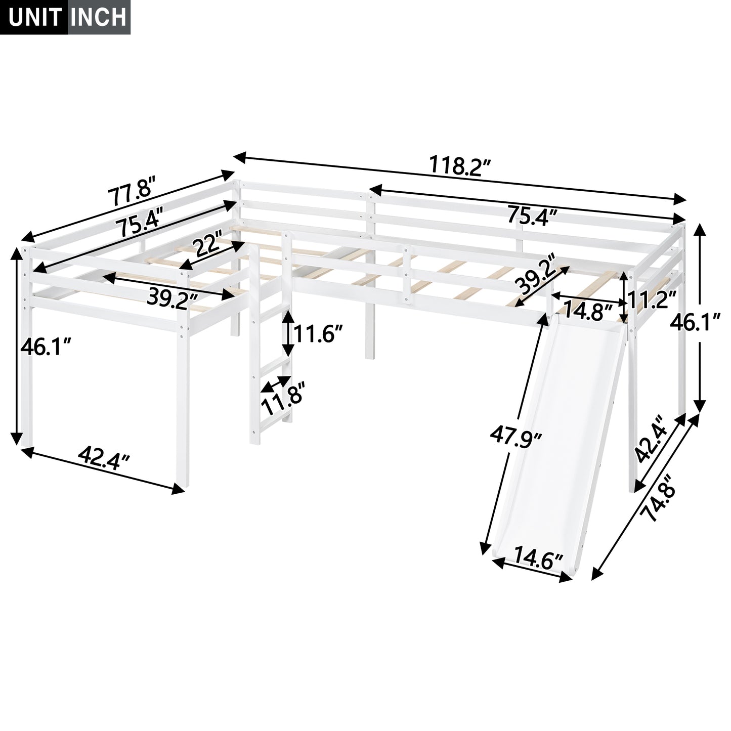 L-Shaped Twin Size Loft Bed with Ladder and Slide, White