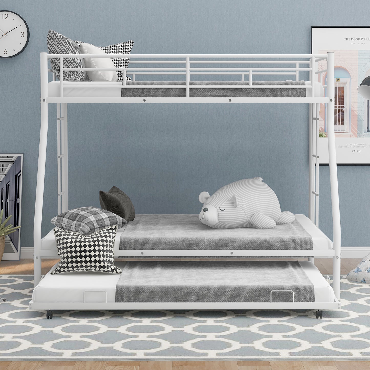 White Steel Frame Twin over Full Bunk Bed with Trundle Bed