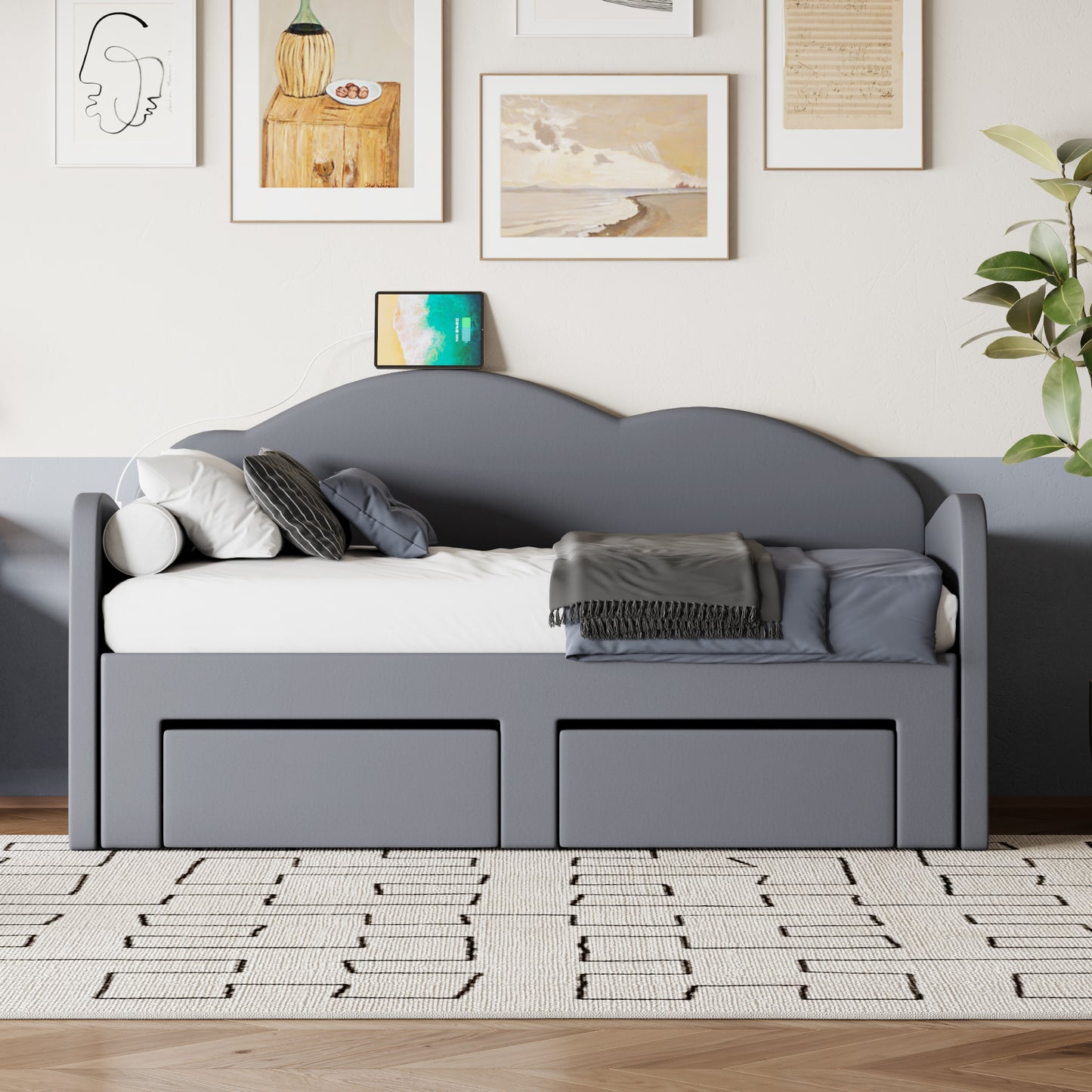 Twin Size Upholstered daybed with Cloud-Shaped Backrest, Trundle & 2 Drawers and USB Ports, Gray