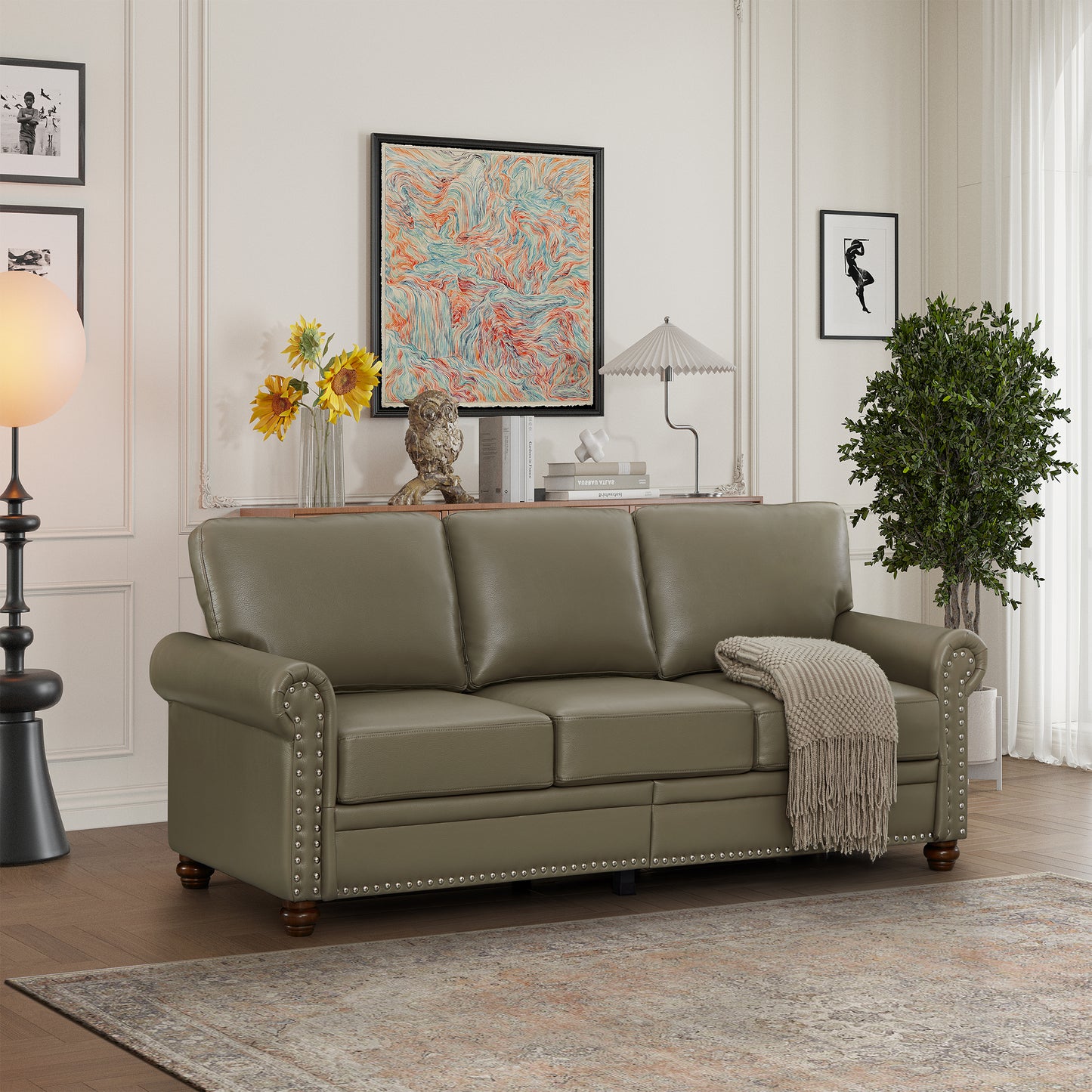 Classic Living Room Nails Sofa Taupe Faux Leather