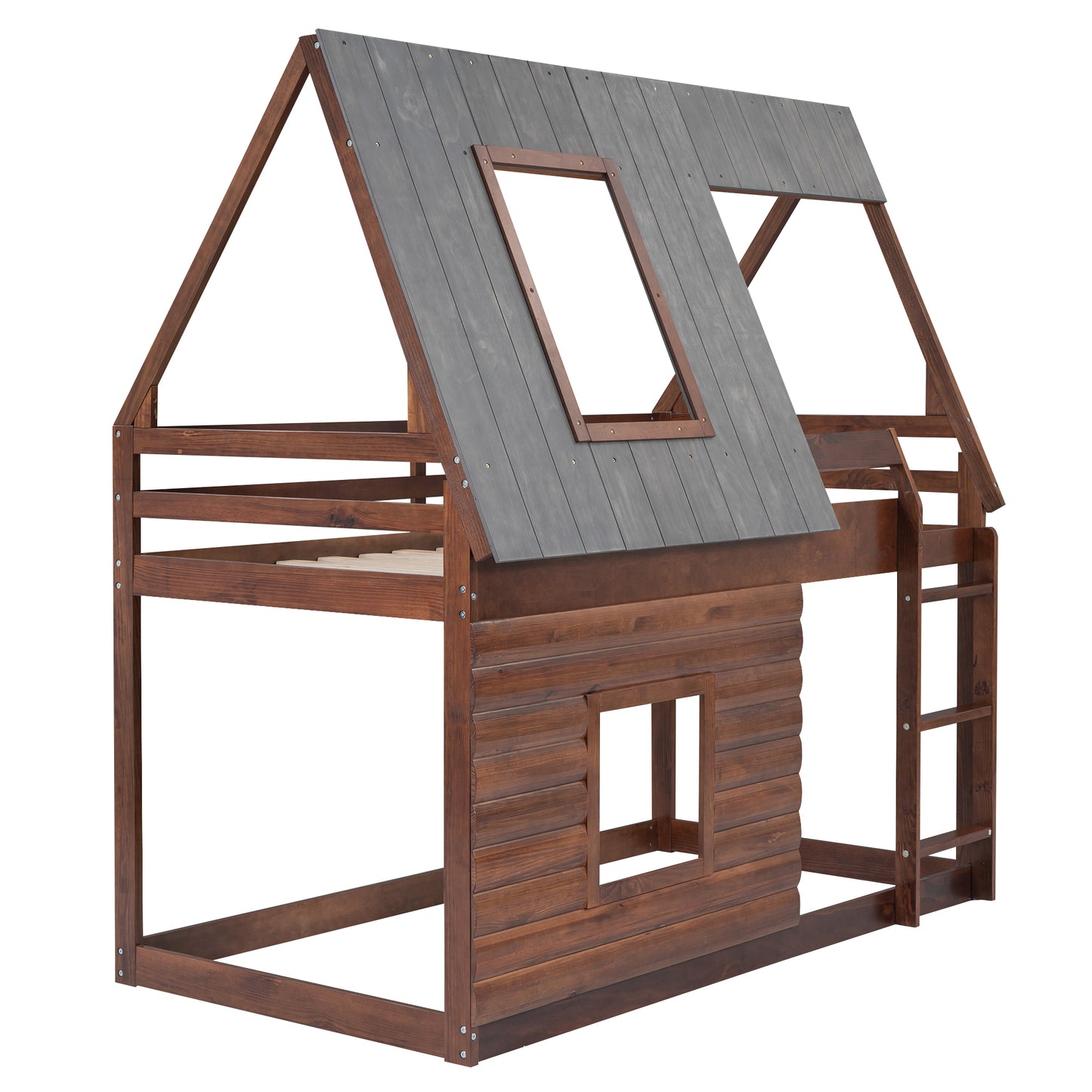 Cozy Rustic Oak and Smoky Grey House Bunk Bed with Roof, Ladder, and Windows for Kids