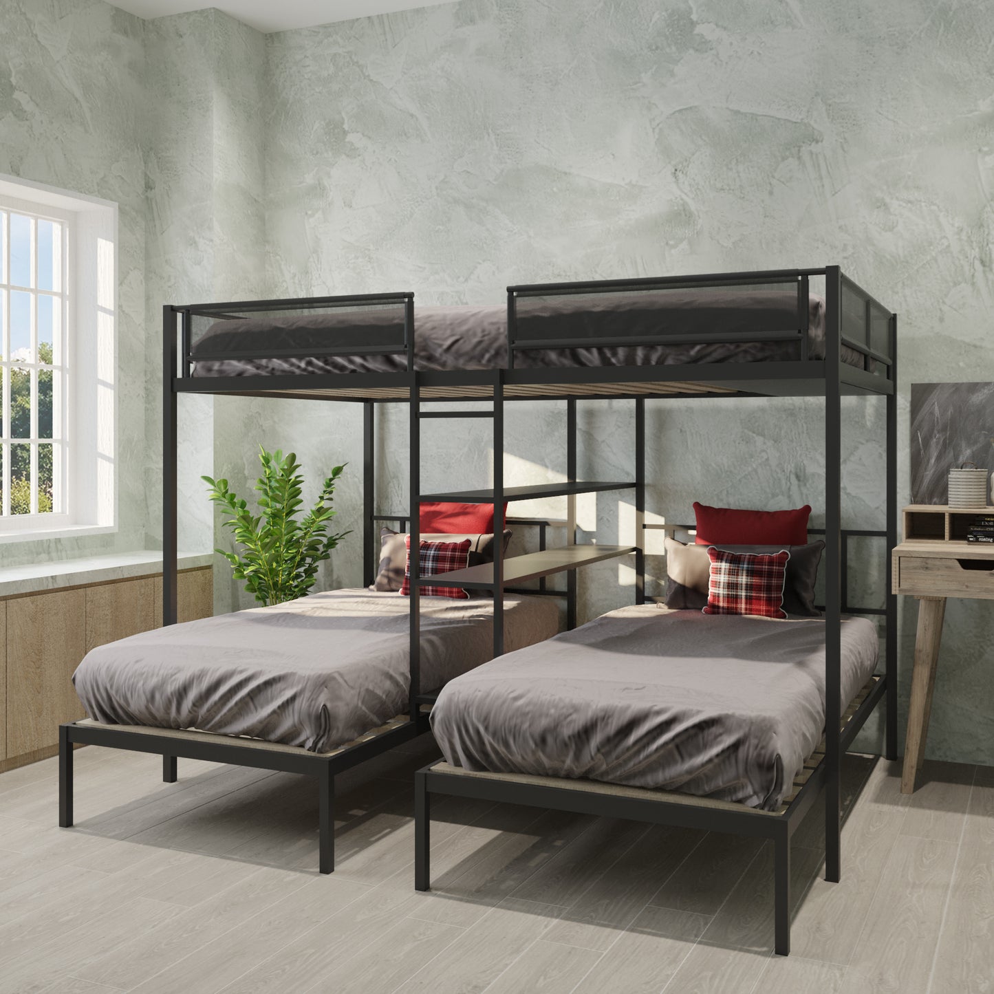 Metal Bunk Bed with Three Tiers Shelves