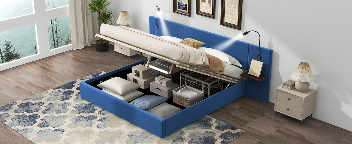 Queen Size Storage Upholstered Hydraulic Platform Bed with 2 Shelves, 2 Lights and USB, Blue