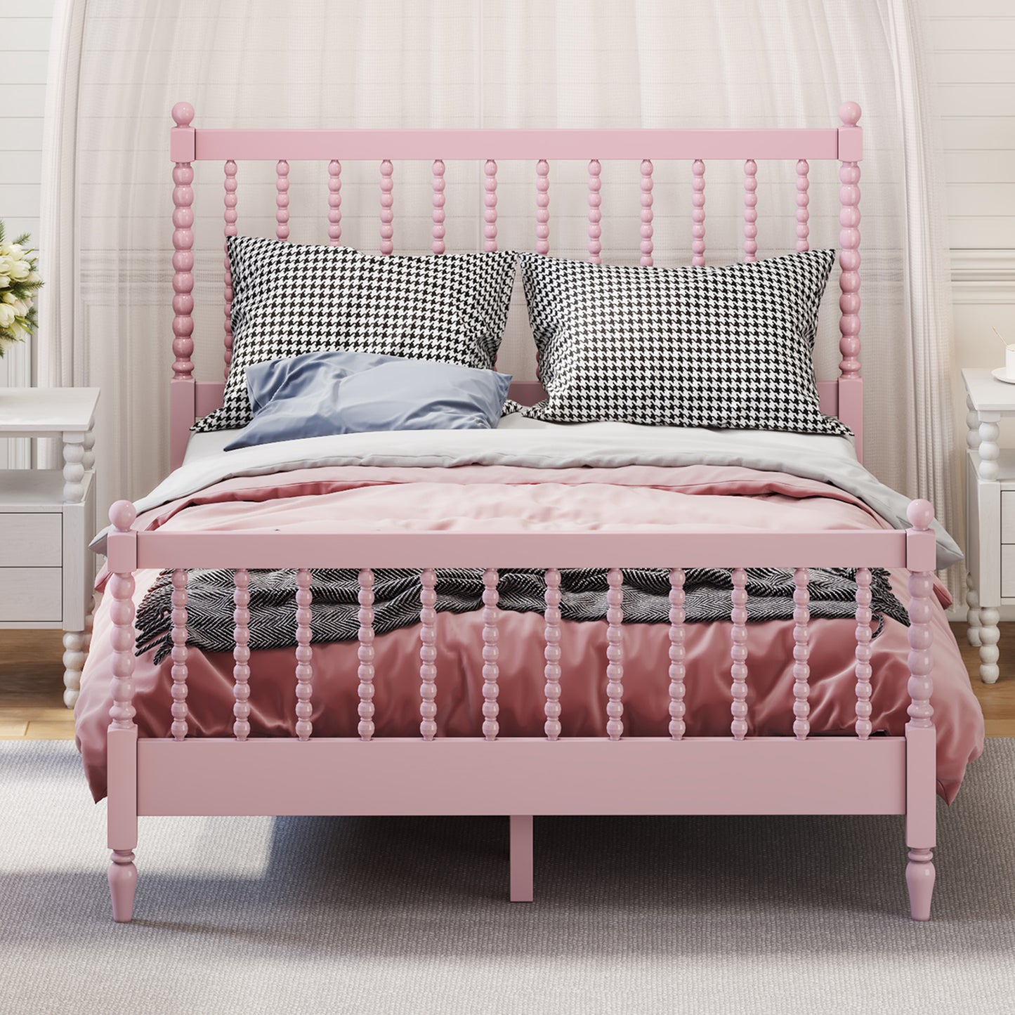 Full Size Wood Platform Bed with Gourd Shaped Headboard and Footboard, Pink