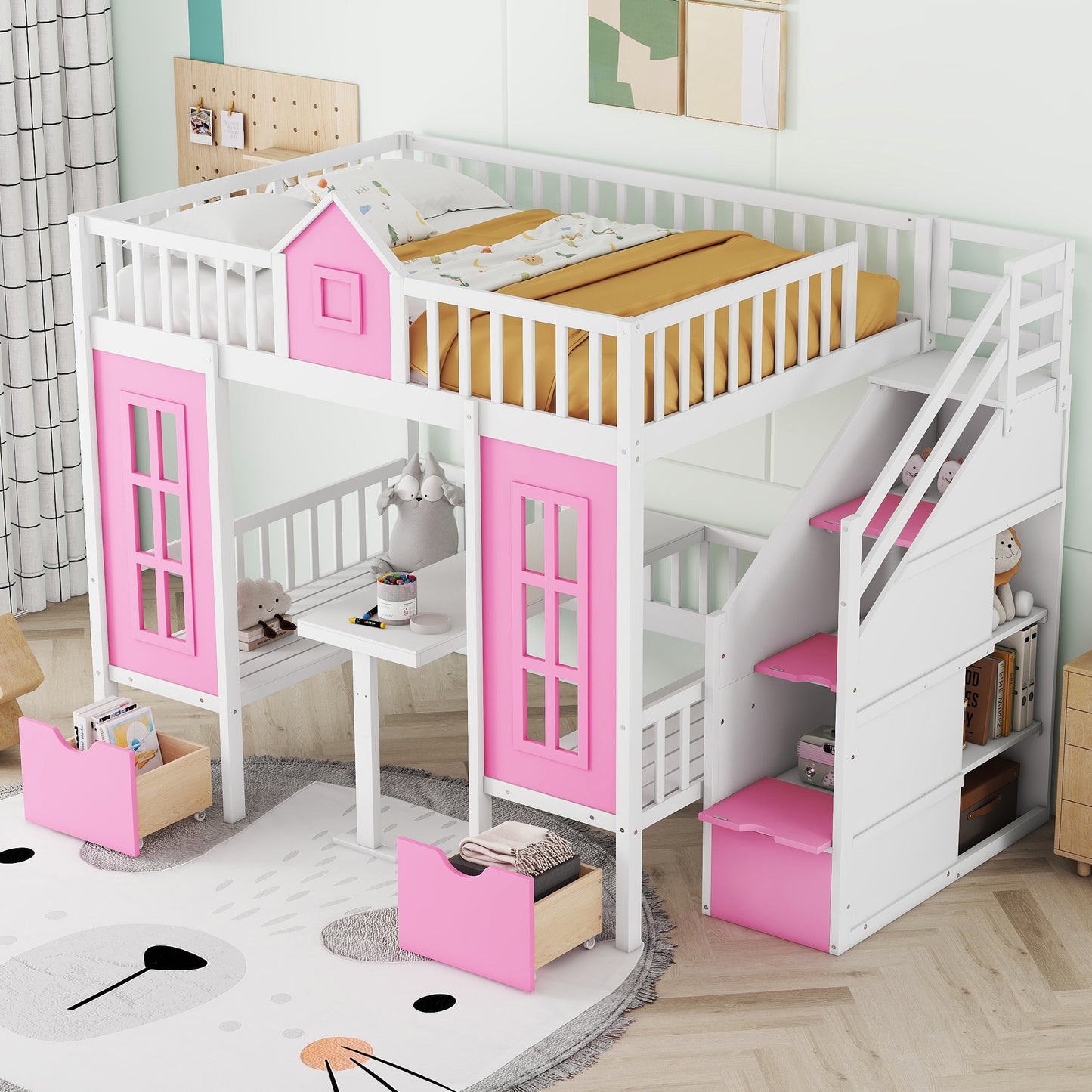 Pink Full-Over-Full Bunk Bed with Multi-Functional Table