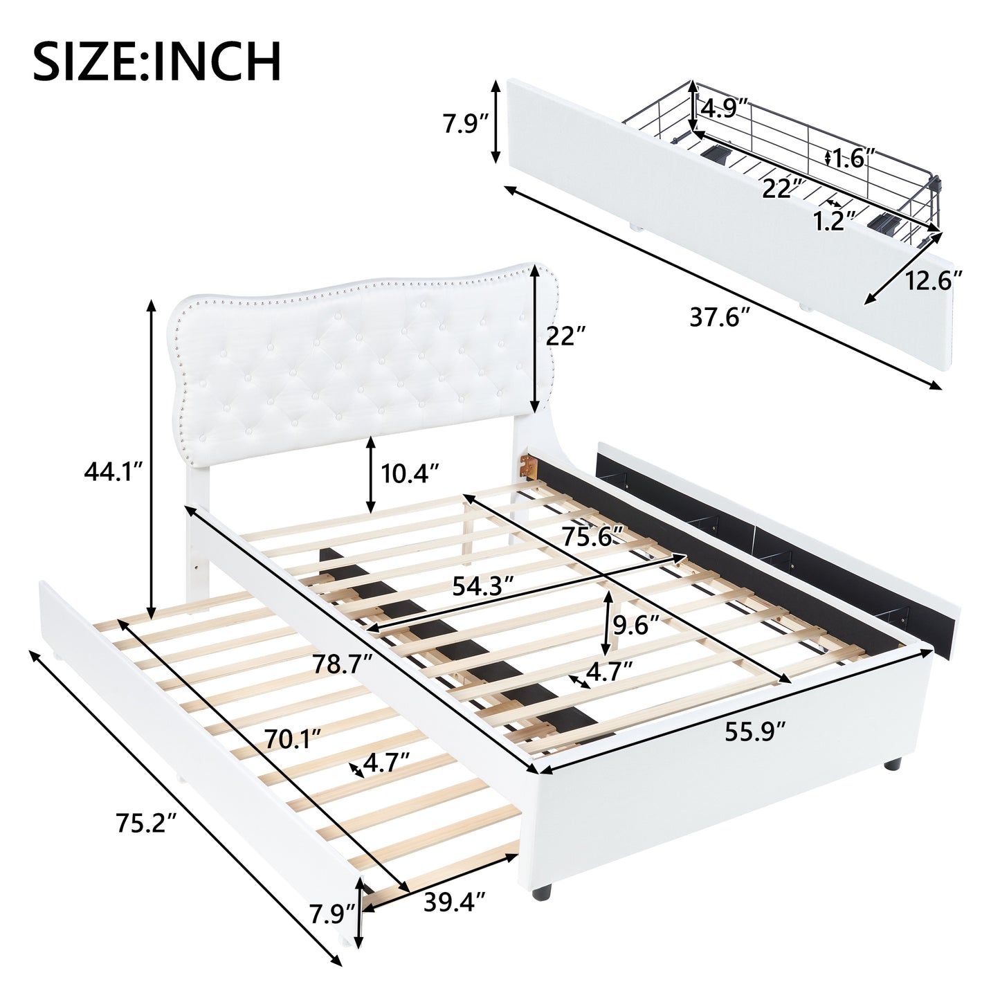 Full Size Upholstery Platform Bed with Storage Drawers and Trundle,White