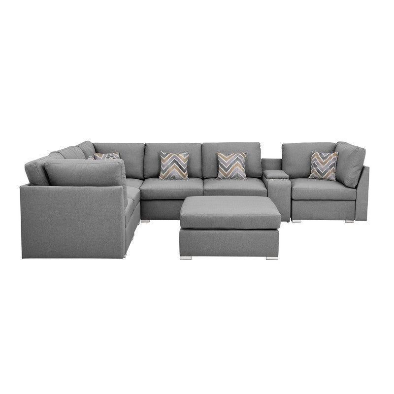 Gray Fabric Modular Sectional Sofa with USB Console and Ottoman