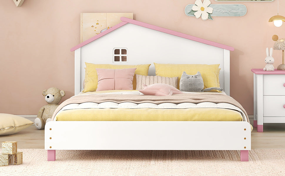 Full Size Wood Platform Bed with House-shaped Headboard  (White+Pink)