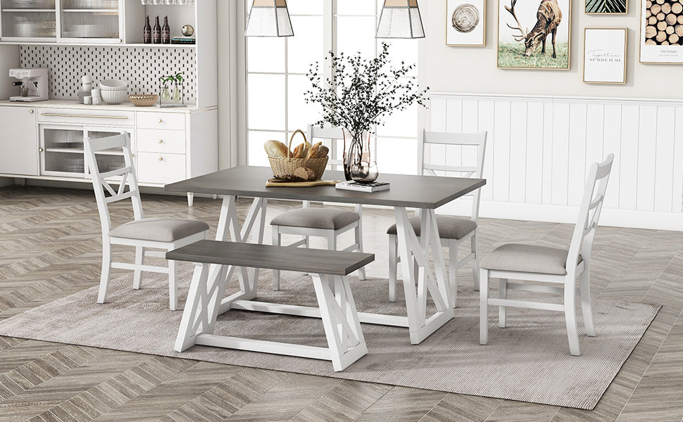 Farmhouse 6-Piece Dining Table Set with Cross Legs, Kitchen Set with 4 Upholstered Dining Chairs and Solid Wood Bench,White