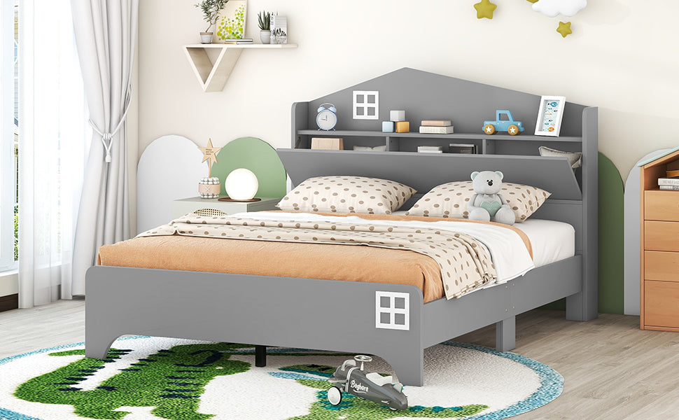 Wooden Full Size House Bed with Storage Headboard ,Kids Bed with Storage Shelf,Grey