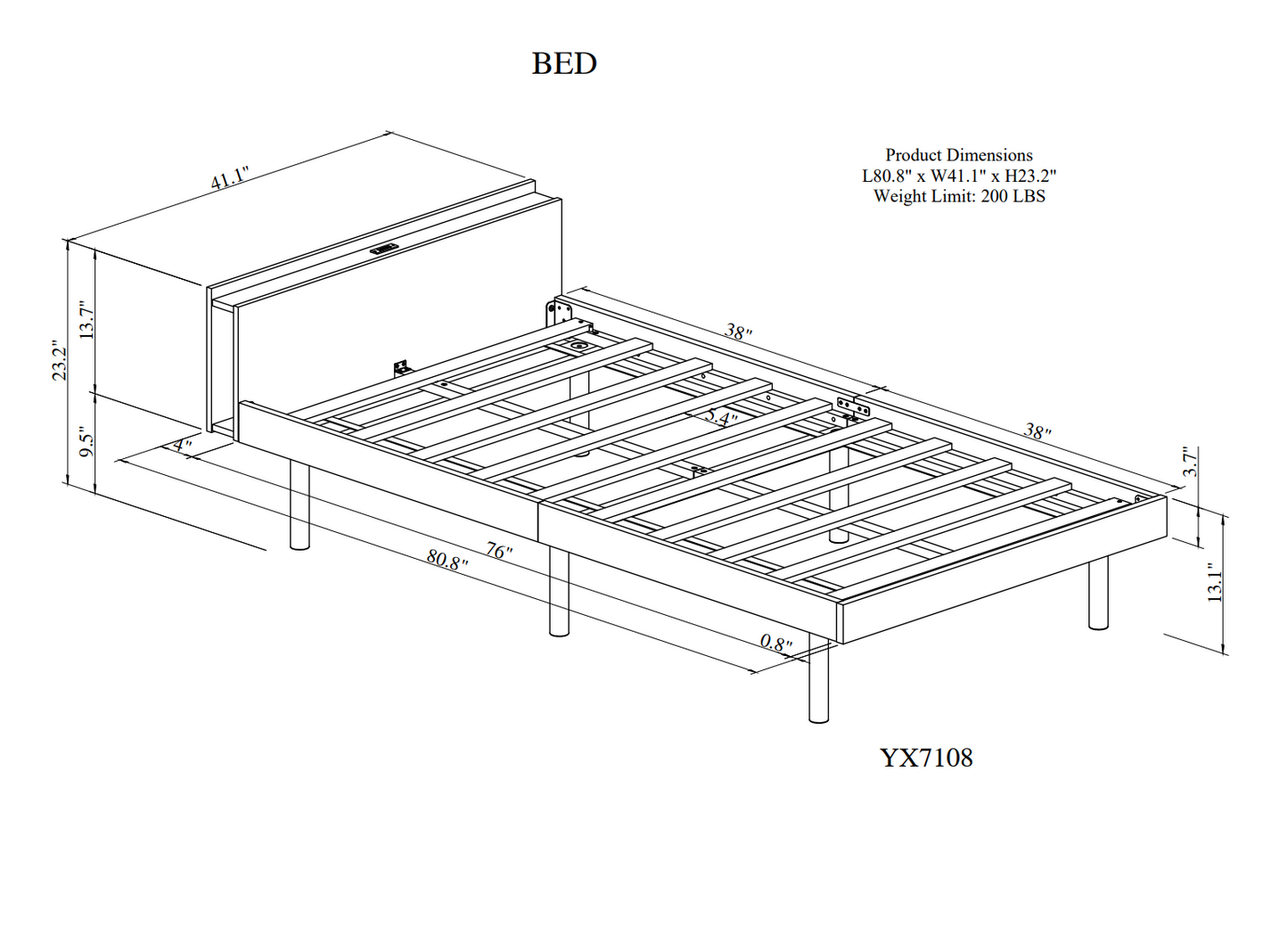 Modern Design Twin Size Platform Bed Frame with Built-in USB port for Walnut Color