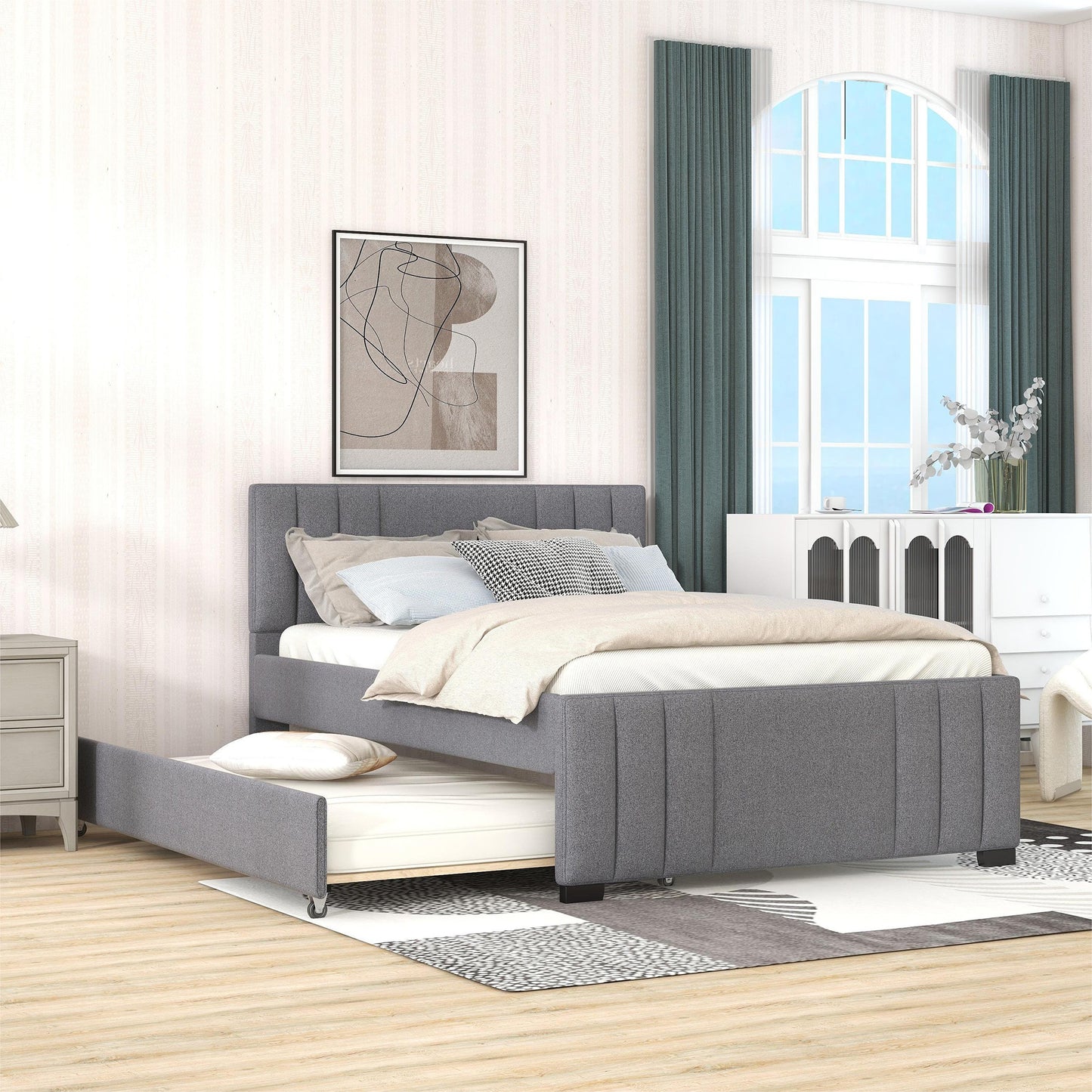 Full Upholstered Platform Bed with Trundle,Grey